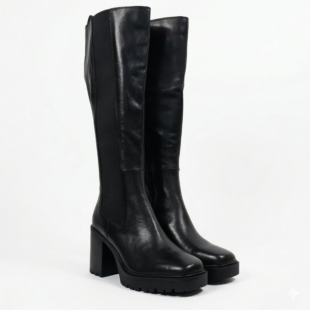 NWOT Steve Madden Deegan Lug Sole Leather Knee-High Boots Block-Heel Black 9